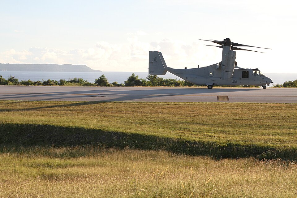 An MV-22B Osprey taxis down the runway on West Field here Dec. 10 during exercise Forager Fury 2012. This was the first Osprey to land on Tinian which marks another milestone achieved during the exercise. The MV-22 is a highly-capable aircraft with an excellent operational safety ?record and combine