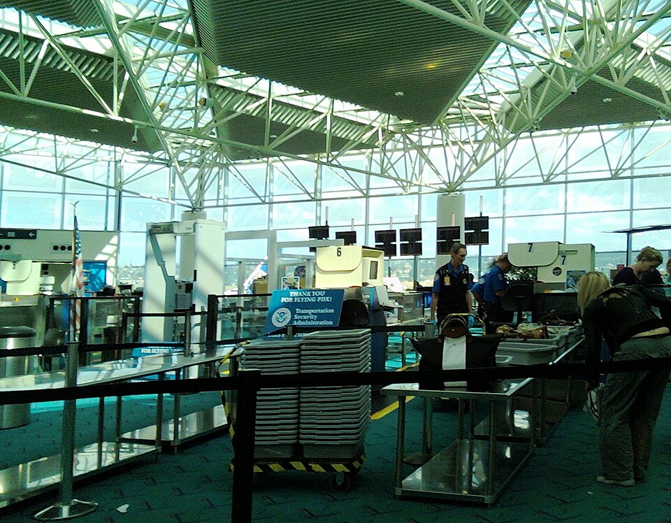 Security checkpoint area at Portland International Airport, C&amp;D concourses