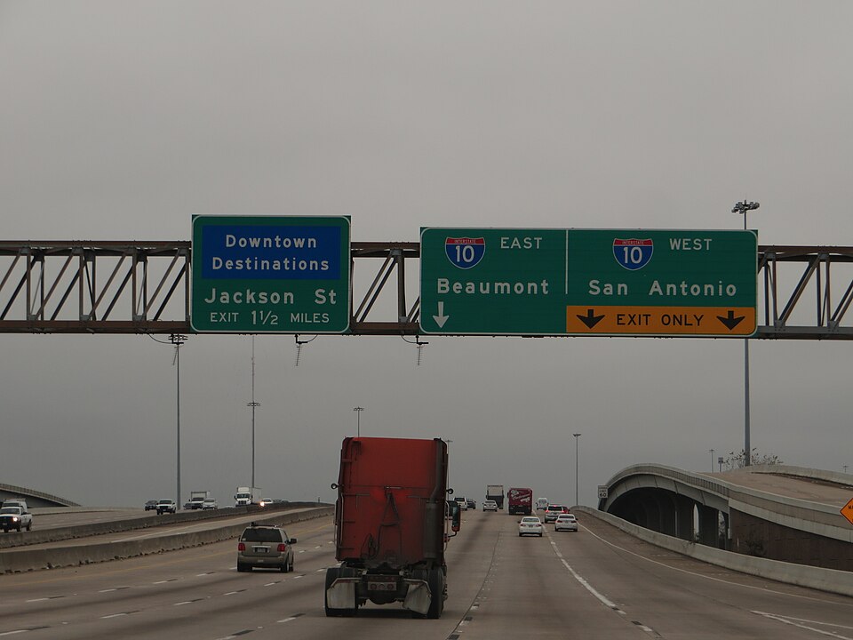 Interstate 10 (I-10) is the major east–west Interstate Highway in the Southern United States. In the U.S. state of Texas, it runs east from Anthony, at the border with New Mexico, through El Paso, San Antonio and Houston to the border with Louisiana in Orange, Texas. At just under 879 miles (1,415 k