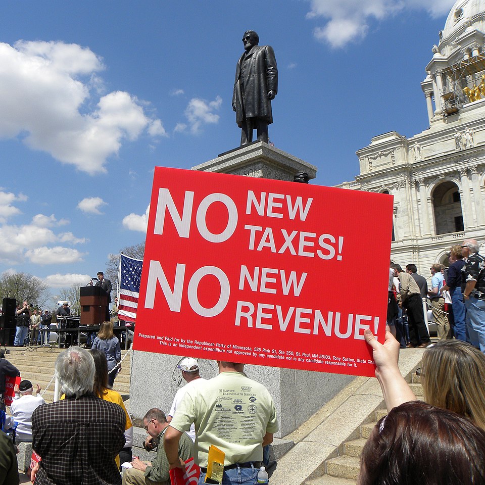 St. Paul, Minnesota
May 7, 2011
A few thousand people attended the annual Tax Cut Rally at the Minnesota state capitol building. The conservative protesters say they want lower taxes and smaller government.
Sign reads:
NO NEW TAXES!
NO NEW REVENUES!
The fine print explains that the sign was made by 