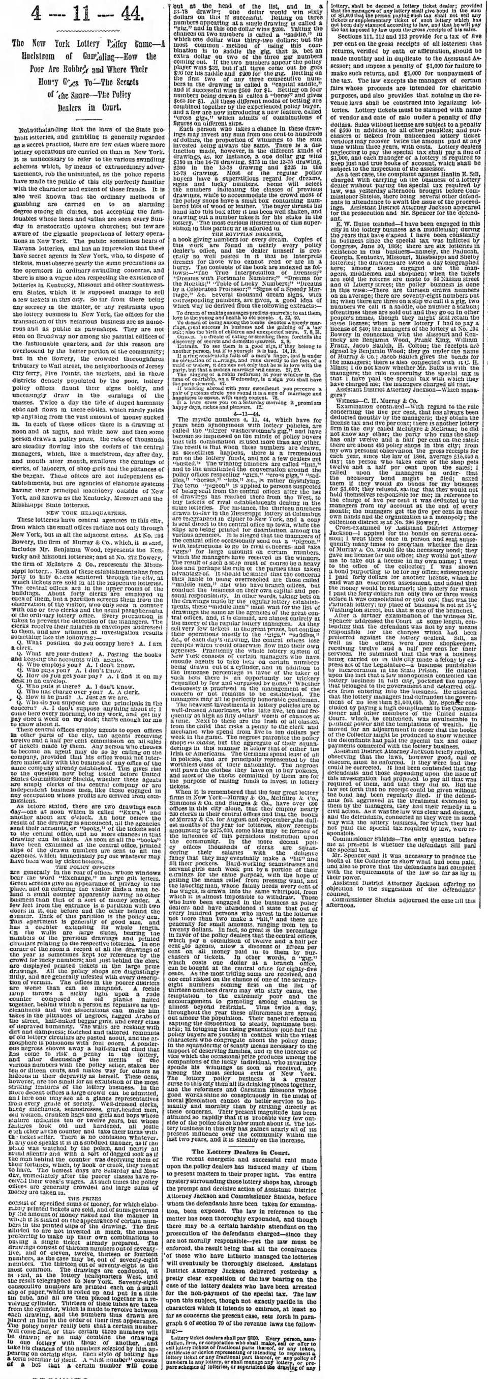 The New York Lottery Policy Game in the New York Herald of New York City, New York on November 23, 1869