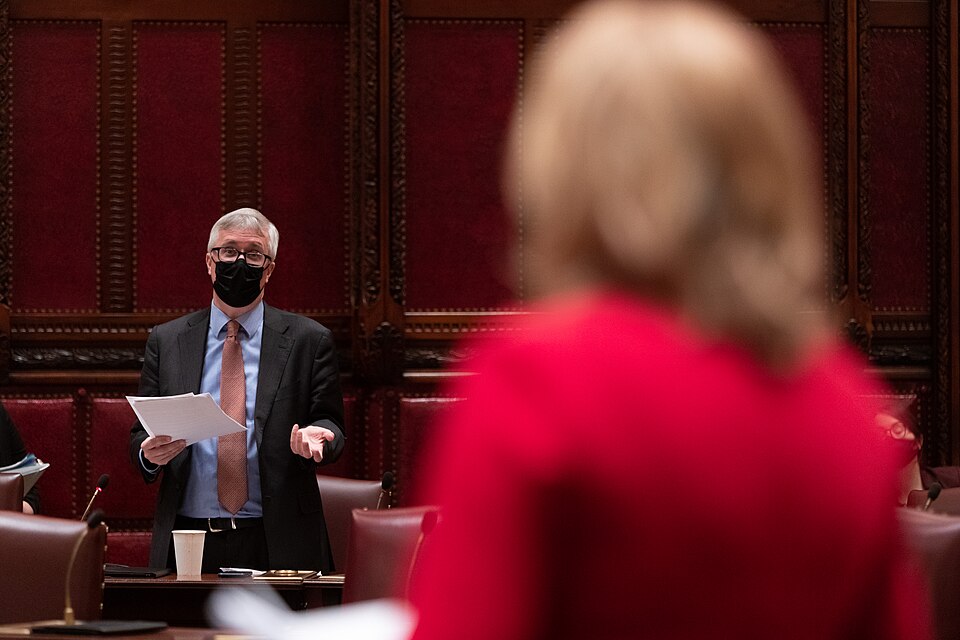 during session. The NYS Senate passed Bill S9114, sponsored by Senator Kavanagh which includes the strongest eviction and foreclosure protections in the US during the Covid Pandemic.
NYS Senate Chamber,
Capitol Building, Albany NY 

Photo courtesy of NY Senate Media Services