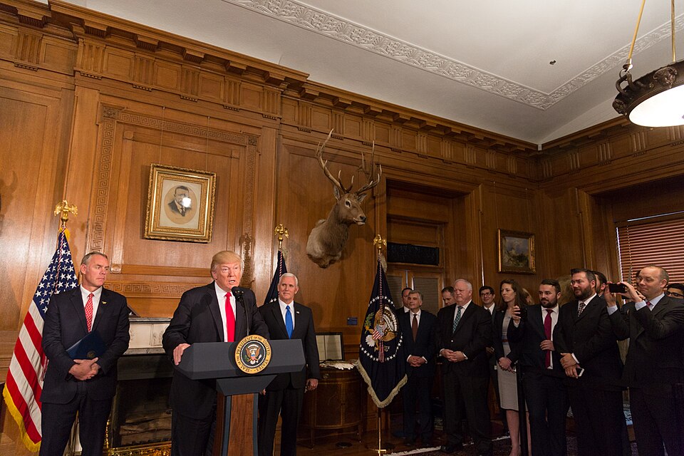 President Donald Trump delivers remarks prior to signing the Antiquities Executive Order at the U.S. Department of the Interior, Wednesday, April 26, 2017, in Washington, D.C. The order directs the Department of the Interior to review prior monument designations and suggest legislative changes or mo