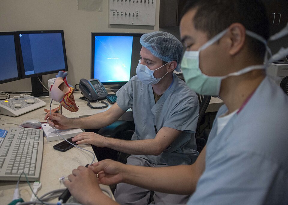 210219-N-LW757-1010
SAN DIEGO (Feb. 19, 2021) Hospital Corpsman 3rd Class Adan Garcia, a cardiovascular technologist (left), and Hospital Corpsman 1st Class Andres Aquino, a cardiovascular technologist student (right), both assigned to Naval Medical Center San Diego (NMCSD), discuss how to steer an 