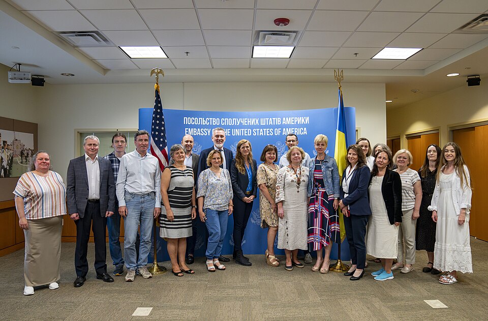 USAID Administrator Samantha Power with local staff at the U.S. Embassy Kyiv