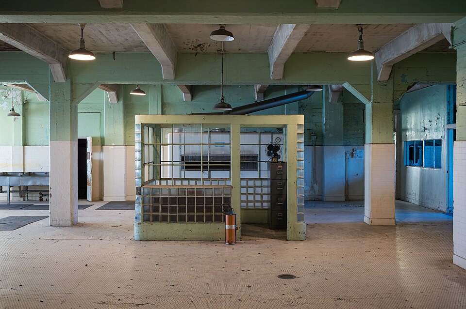 The kitchen adjacent to the dining hall at Alcatraz Federal Penitentiary, a former maximum security federal prison on Alcatraz Island in the San Francisco Bay, on July 13, 2023