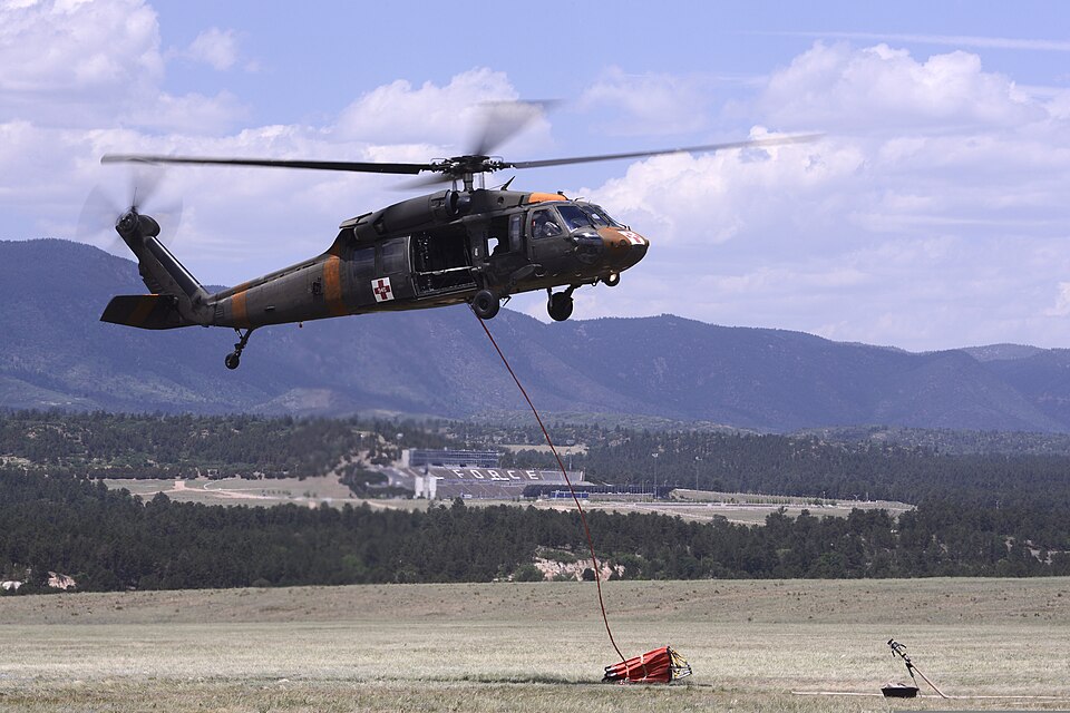 A U.S. Army UH-60 Black Hawk helicopter with the Colorado Army National Guard prepares to fight a wildfire in Colorado Springs, Colo., June 14, 2013. The Black Forest Fire started June 11, 2013, northeast of Colorado Springs, burning scores of homes and forcing large-scale evacuations. The Colorado 