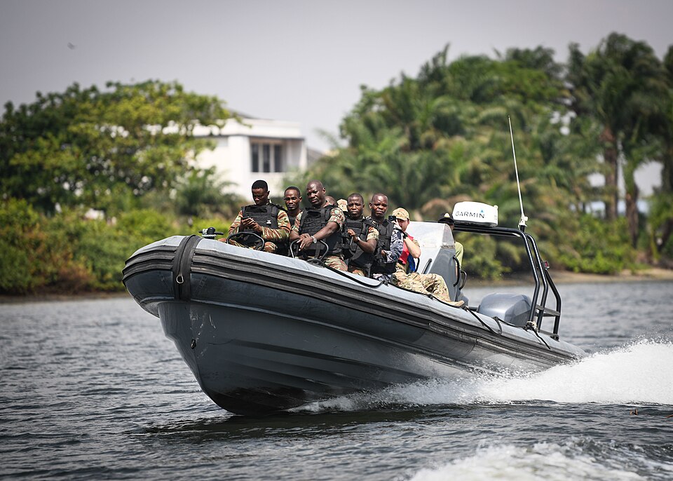 230125-N-DK722-1003 (Jan. 25, 2023) LAGOS, Nigeria – Benin Navy and Police Force personnel, alongside U.S. Coast Guard personnel from Law Enforcement Detachment 403, conduct Visit, Board, Search and Seizure training during Obangame Express 2023, in Lagos, Nigeria, Jan. 25, 2023. Obangame Express 202