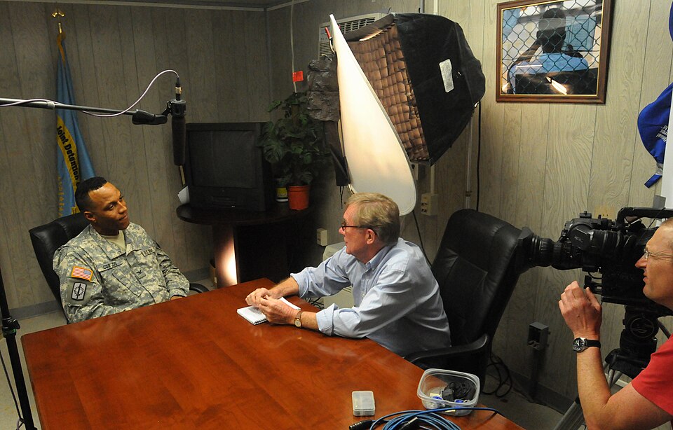 British Broadcasting Corporation reporter Peter Taylor interviews Joint Task Force Guantanamo Joint Detention Group Commander Col. Donnie L. Thomas inside Camp Delta detention facility, Jan 6. The BBC, the largest broadcaster in the world, is doing a story about the JTF Guantanamo mission. Joint Tas