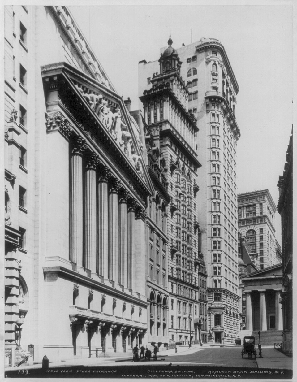 Title: Exterior view of the New York Stock Exchange, Gillendar Building, and the Hanover Bank Building, New York City
Abstract/medium: 1 photographic print.