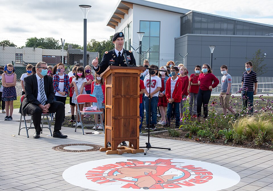 Col. Patrick Dagon, commander of the U.S. Army Corps of Engineers Europe District addresses students, staff members and guests during the ribbon cutting ceremony at the new Wiesbaden Elementary School in Wiesbaden, Germany, Sept. 16, 2021. Wiesbaden Elementary School was the third of three schools c