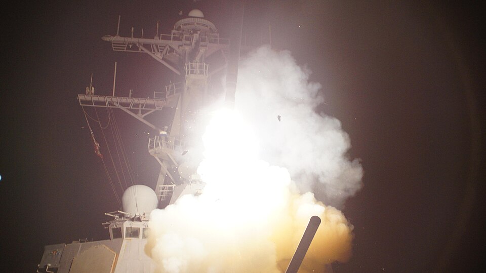 Arleigh Burke-class guided-missile destroyer USS Stout launches a Tomahawk missile in support of Operation Odyssey Dawn on March 19, 2011. This was one of approximately 110 cruise missiles fired from U.S. and British ships and submarines that targeted about 20 radar and anti-aircraft sites along Lib