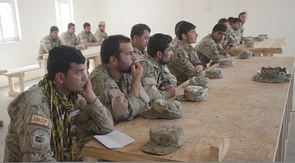 Afghan National Civil Order Police officers listen during classroom instructions on how to counteract improvised explosive devices during a two-week course led by the Logar Afghan Uniform Police Security Force Advise and Assist Team with the U.S. Army 4th Infantry Brigade Combat Team, 3rd Infantry D