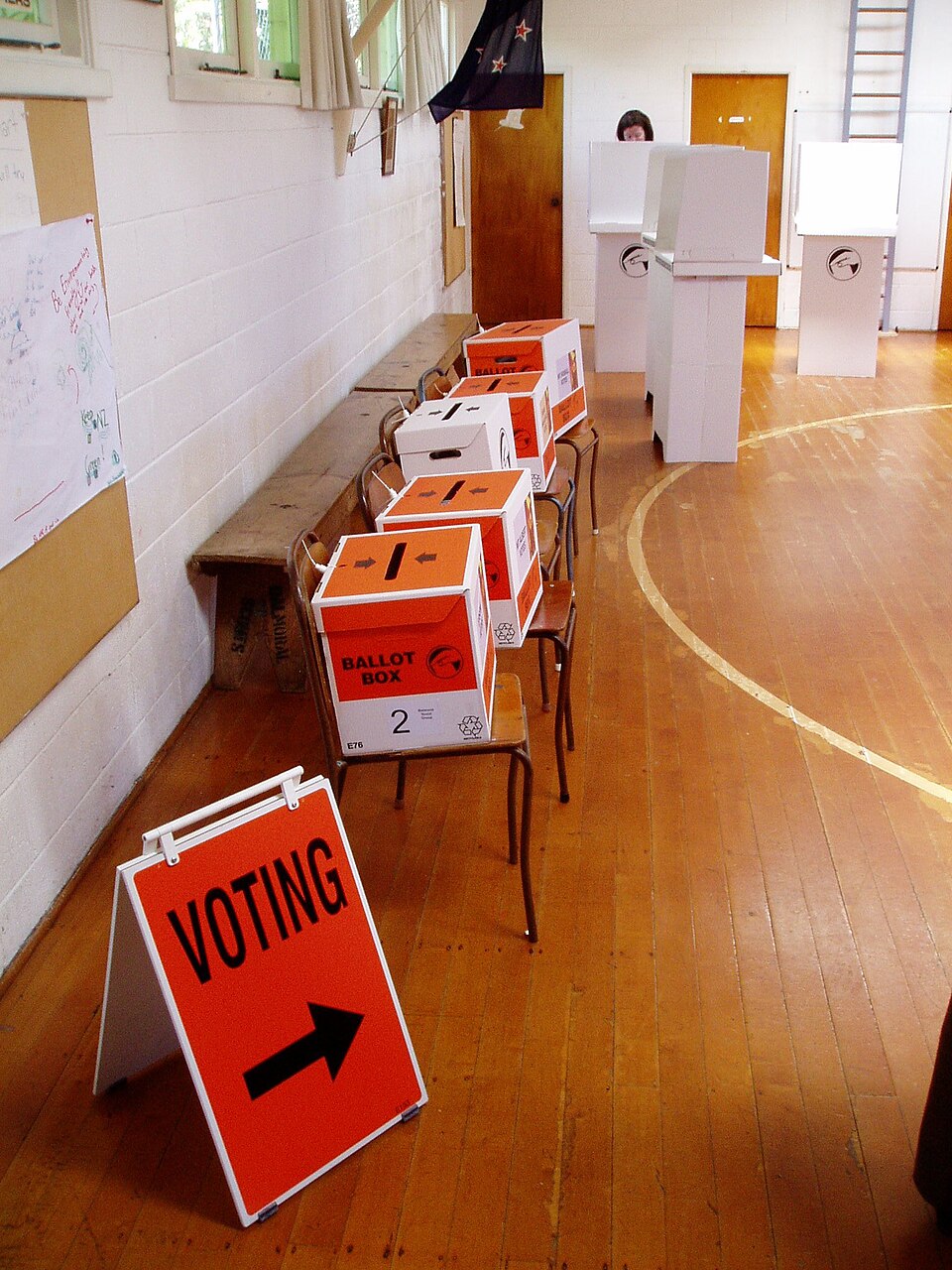 Polling place for New Zealand general election 2008. Ballot boxes and Voting Booths