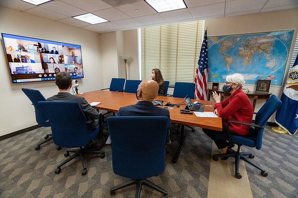 Deputy Secretary of State Wendy R. Sherman joins a virtual meeting with the State Department’s Afghanistan desk at the U.S. Department of State in Washington, D.C. on April 26, 2021. [State Department photo by Ron Przysucha/ Public Domain]