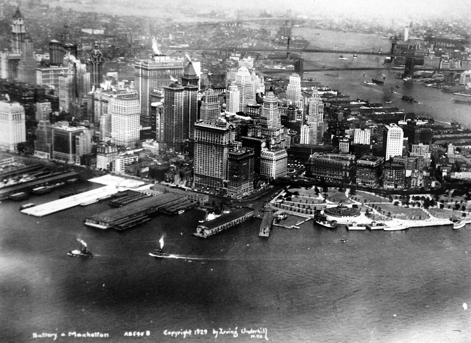 Lot 12482-6:   Battery Park and New York Skyline, New York City, New York.  Photographed by Irving Underhill, 1929.   Courtesy of the Library of Congress. Photographed through Mylar sleeve. (2016/03/04) National Museum of the U.S. Navy.