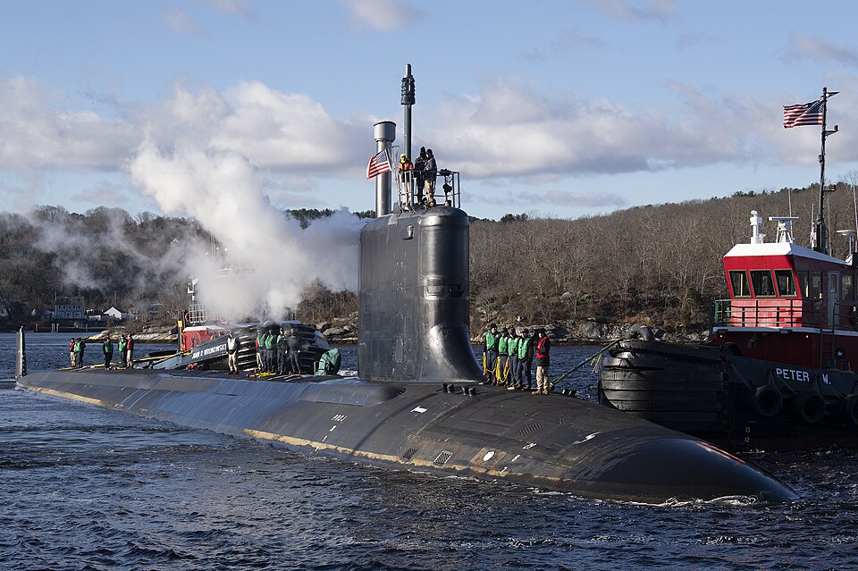 The pre-commissioning unit (PCU) Iowa (SSN 797) arrives for the first time at Naval Submarine Base New London in Groton, Connecticut, December 19, 2024. The future USS Iowa was delivered to Submarine Squadron (SUBRON) 4 from General Dynamics Electric Boat shipbuilding facility down river after recen