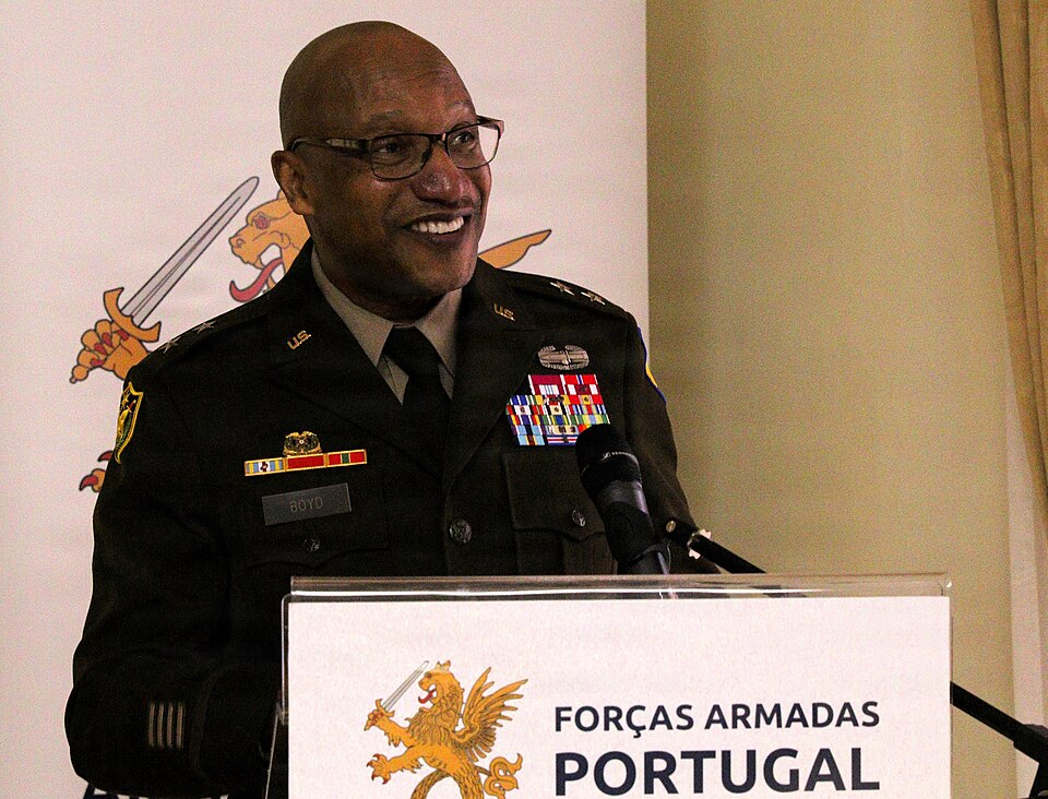 Maj. Gen. Rodney Boyd, The Adjutant General of Illinois and Commander of the Illinois National Guard, speaks during the ceremony to sign the formal agreement creating the State Partnership Program between the Illinois National Guard and the Portuguese military on Jan. 12 at the Portuguese Ministry o