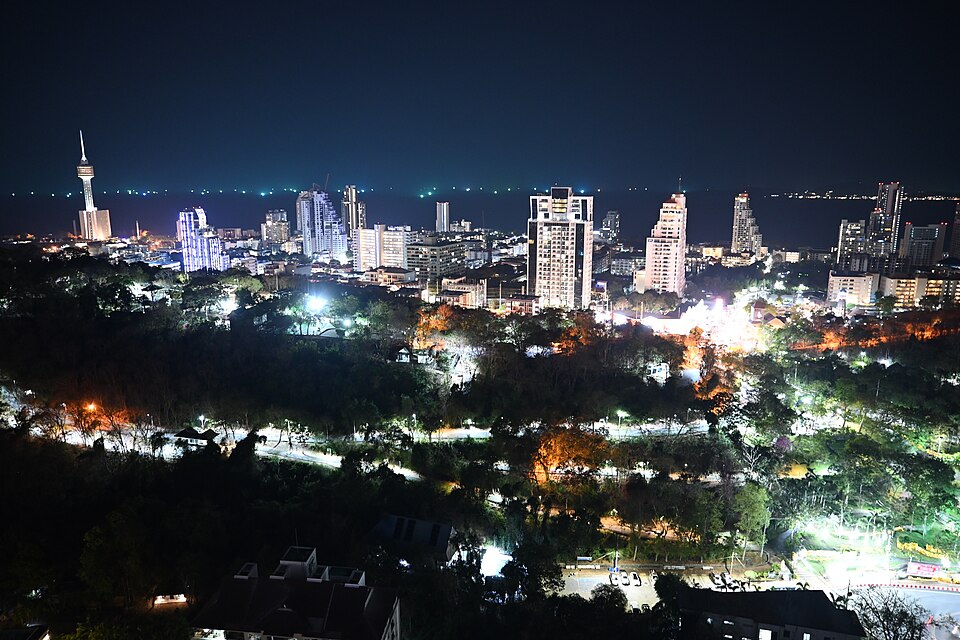 This is a stunning nighttime panorama of Pattaya City in Thailand. The photo captures an elevated view of the city skyline with numerous illuminated high-rise buildings and skyscrapers against a dark night sky. In the foreground, there's a lush area with trees and greenery that appears to be a park 