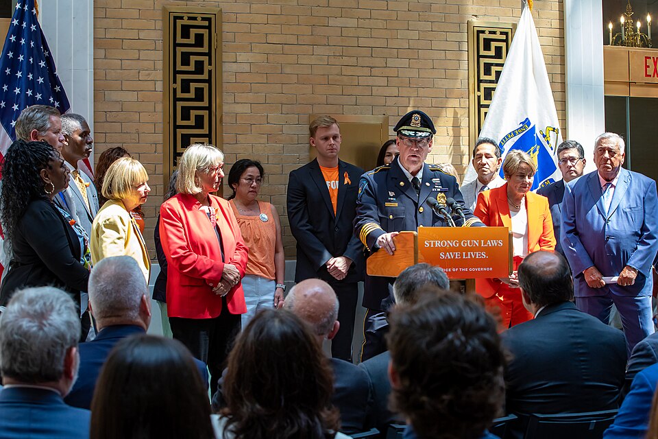 Governor Maura Healey and Secretary of Public Safety and Security Terrence Reidy join House Speaker Ronald Mariano, Senate President Karen Spilka, Joint Committee on the Judiciary Chair Rep. Michael Day, Sen. Cynthia Creem and Salisbury Police Chief Thomas Fowler, among other elected officials and a