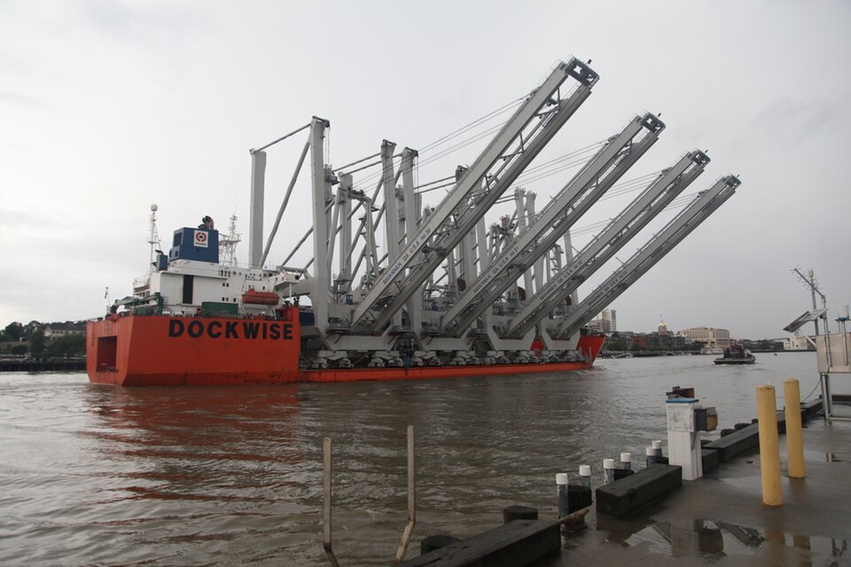 A massive cargo ship called the "MV TEAL" called on the Port of Savannah June 4, delivering four container cranes to the Georgia Ports Authority Garden City Ocean Terminal. Local officials closed the Talmadge Bridge while the vessel entered the port to ensure safe passage. The clearance between the 