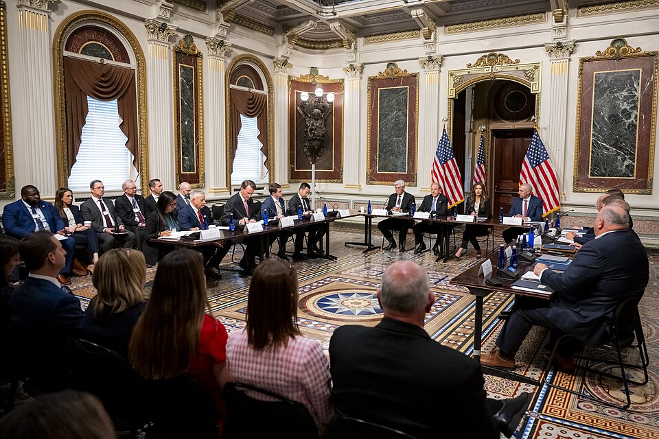 Department of Homeland Security (DHS) Secretary Kristi Noem attends the initial meeting of the Federal Emergency Management Agency (FEMA) Review Council at the Eisenhower Executive Office Building in Washington, D.C., May 20, 2025. (DHS photo by Tia Dufour)