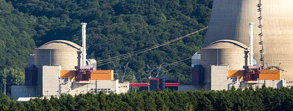 Containments of the reactor units Chooz B1 and Chooz B1 of the Chooz Nuclear Power Plant. View from Foisches.