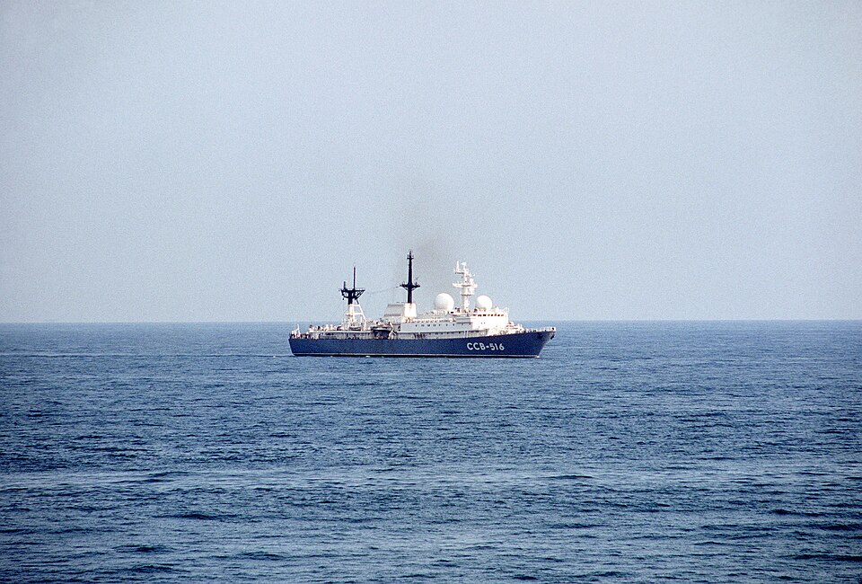 A starboard bow view of the Soviet Balzam-class general intelligence collector ship underway in inte