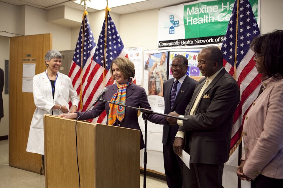 Speaker Nancy Pelosi toured the Maxine Hall Health Center and joined with local health care professionals to discuss the benefits of the Affordable Care Act.  Maxine Hall Health Center is a Community Clinic located in the Western Addition of San Francisco.
From left to right are Dr. Cathy James, Dir