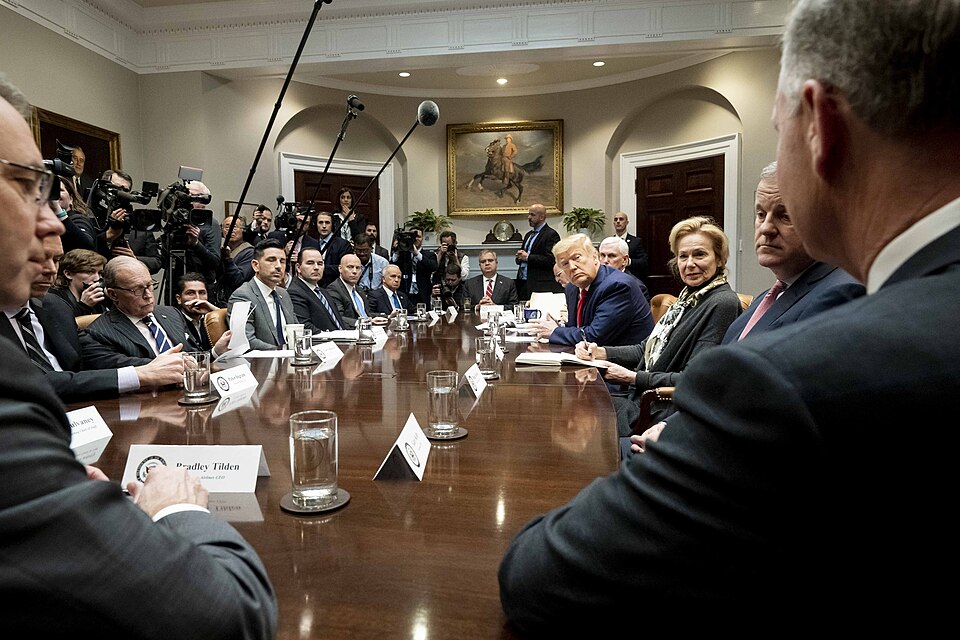 President Donald J. Trump drops-by a meeting with Vice President Mike Pence and airline CEOs discuss
