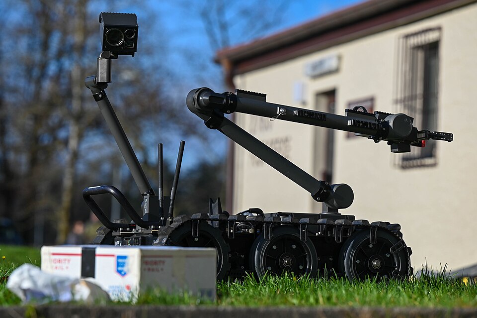 A robot used by the 786th Civil Engineer Squadron’s Explosive Ordnance Disposal Flight assesses the safety of the scene of a suspicious package scenario before it is scanned for potential explosives during exercise Operation Varsity 24-3 on Kapaun Air Station, Germany, Nov. 20, 2024. 
These robots a