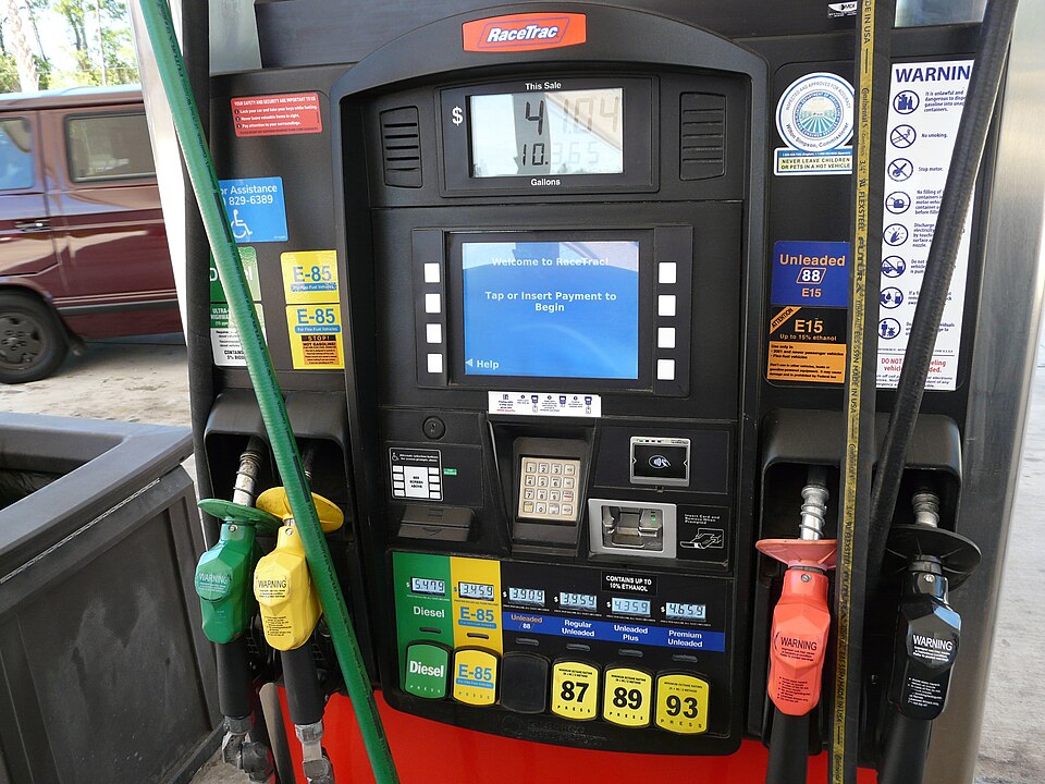 Gas pump at a RaceTrac gas station on U.S. Route 301  in Bradford County, Florida, showing multiple nozzles for diesel, E85, E15, and ordinary (E10) gasoline.