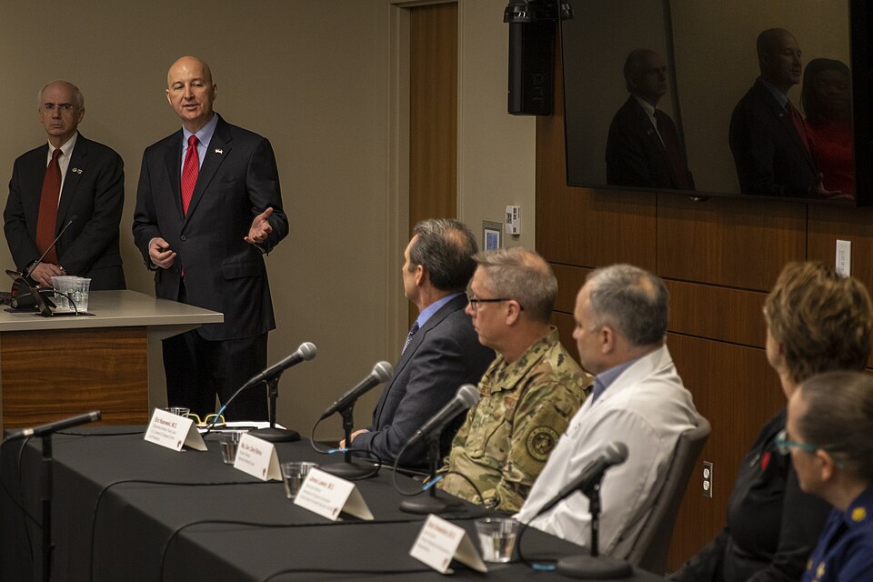 Nebraska Governor Pete Ricketts speaks, Feb. 6, 2020, during a press conference at the University of Nebraska Medical Center campus on the state’s support of passengers arriving in Nebraska from China. With approval by the Department of Defense, the Nebraska National Guard is providing unoccupied lo