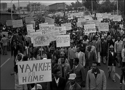 Pro-Derg and anti-US demonstration in Ethiopia. The Derg was a communist and pro-Soviet military junta that ruled Ethiopia from 1974 and until 1991.