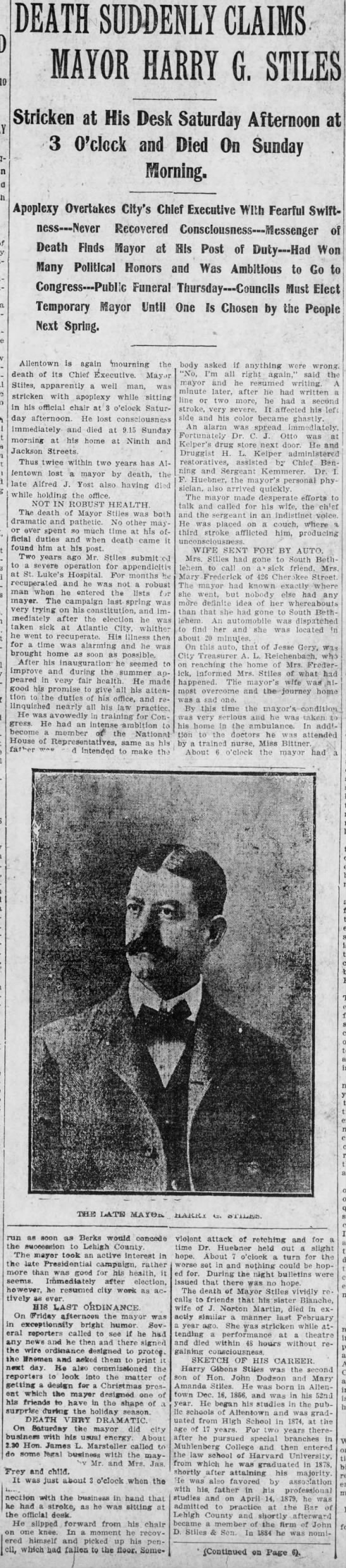 Harry Gibons Stiles (1856-1908) obituary in The Allentown Leader of Allentown, Pennsylvania on November 9, 1908, part 1
