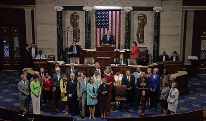 US House Democrats, led by Senior Chief Deputy Whip John Lewis, assume the floor to begin a sit-in to demand votes on gun safety legislation.  22 June 2016