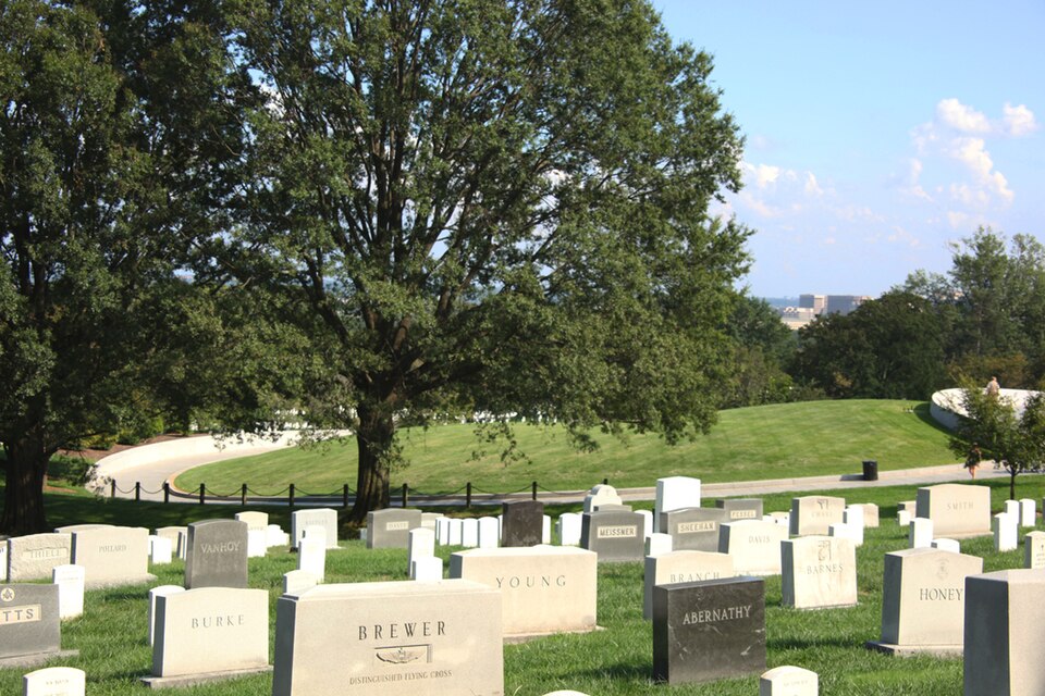 Standing on Custis Walk, looking southeast across Section 30.  The circular pathway in the distance is the approach to the grave of President John F. Kennedy at Arlington National Cemetery.  The rear wall of the grave site, on which quotations from Kennedy are inscribed, can be seen just to the righ