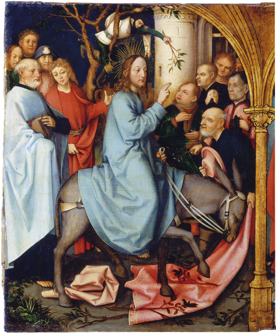 entry into Jerusalem: people spreading their clothes before Christ on the ass, and waving palm branches (Matthew 21:1-11, 21:14-16; Mark 11:1-11; Luke 19:28-40; John 12:12-19) · city-gate · trees · altarpiece · depiction of a saint · Biblical portrayal · historical narration · the Passion · Jesus Ch