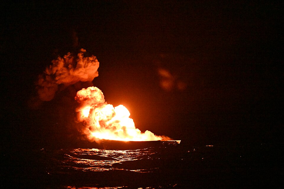 In response to a national emergency, U.S. Coast Guard Cutter Kimball (WMSL 756) crewmembers sink a drug smuggling vessel as a hazard to navigation while patrolling the Eastern Pacific Ocean, March 3, 2025. The U.S. Coast Guard is a military service, law enforcement organization, regulatory agency, a