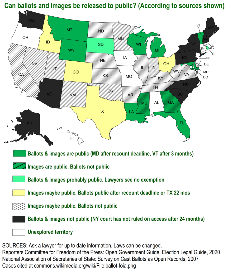 This map compiles information from lawyers writing in 2019-2020 for the Reporters Committee for Freedom of the Press (RCFP), a 2007 survey by the National Association of Secretaries of State (NASS), court opinions, and news articles. The table shows information available for each state. The map does