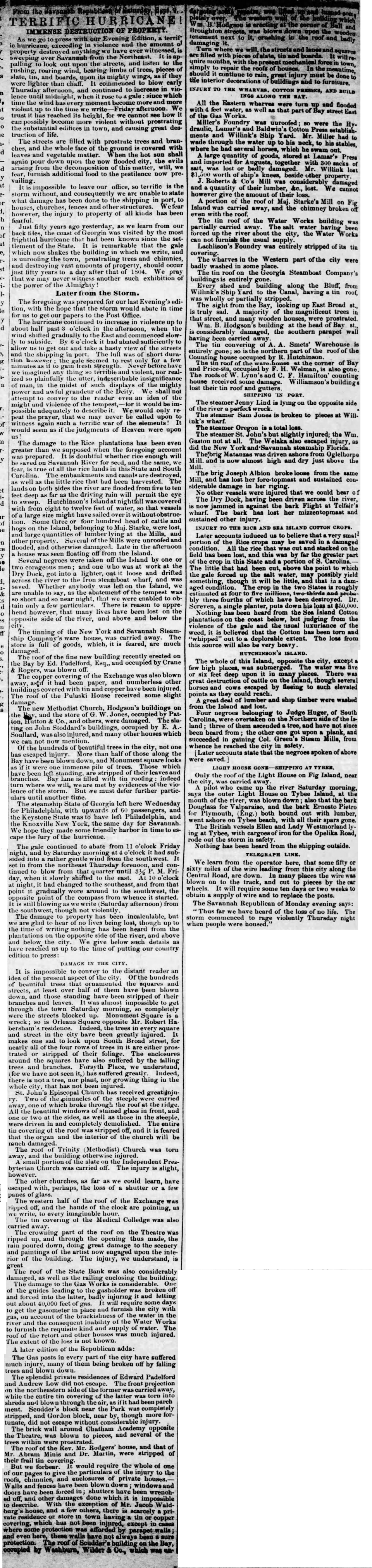 September 1854 Atlantic hurricane in the Georgia Journal and Messenger of Macon, Georgia on September 13, 1854