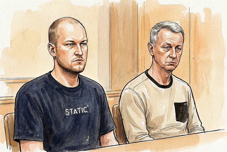 This original artwork depicts two men in a wooden courtroom: a younger bald individual with a stern gaze wearing a dark blue t-shirt emblazoned with "STATIC," seated next to an older man with gray hair in a light sweater. The watercolor style emphasizes emotional restraint and judicial atmosphere, a