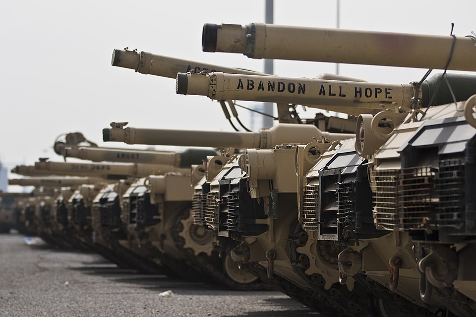 U.S. Army M1A2 Abrams tanks are linned up to be retrograded back to the United States at the Port of Shuaiba, Kuwait on Jan. 30, 2017. (U.S. Army photo by Staff Sgt. Dalton Smith)
Unit: 316th Sustainment Command (Expeditionary)
DVIDS Tags: U.S. Central Command; Logistics; Transportation; USCENTCOM; 