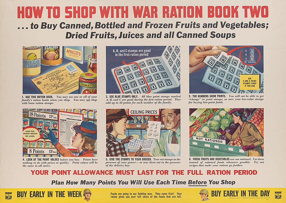 Title: "How to Shop With Ration Book Two". Subtitle: "...To Buy Canned, Bottled and Frozen Fruits an