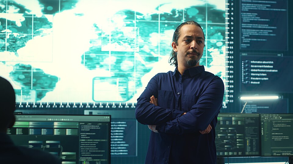 Cybersecurity team investigating cybercrime and malware attacks. IT security experts analyzing threats and protecting national security, working on data protection and privacy. Cyberwarfare. Camera A.