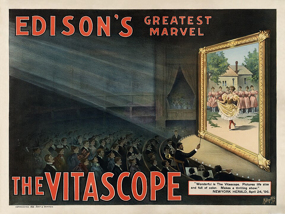 Edison's Greatest Marvel--The Vitascopelabel QS:Len,"Edison's Greatest Marvel--The Vitascope"
Poster for The Vitascope showing a movie audience, watching a large screen with women dancing on it. A small orchestra plays in front of the screen. The theatre has a box which several more people have pack