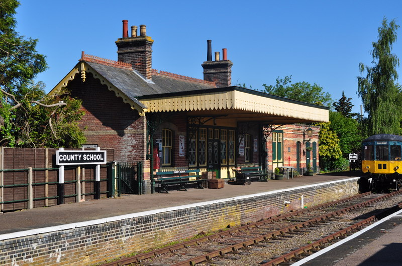 County School Railway Station, near to North Elmham, Norfolk, Great Britain.
A railway line was opened as part of the Norfolk Railway's extension from East Dereham to Fakenham in 1849, but County School railway station was not built until 1886 to serve the private school from which it took its name,