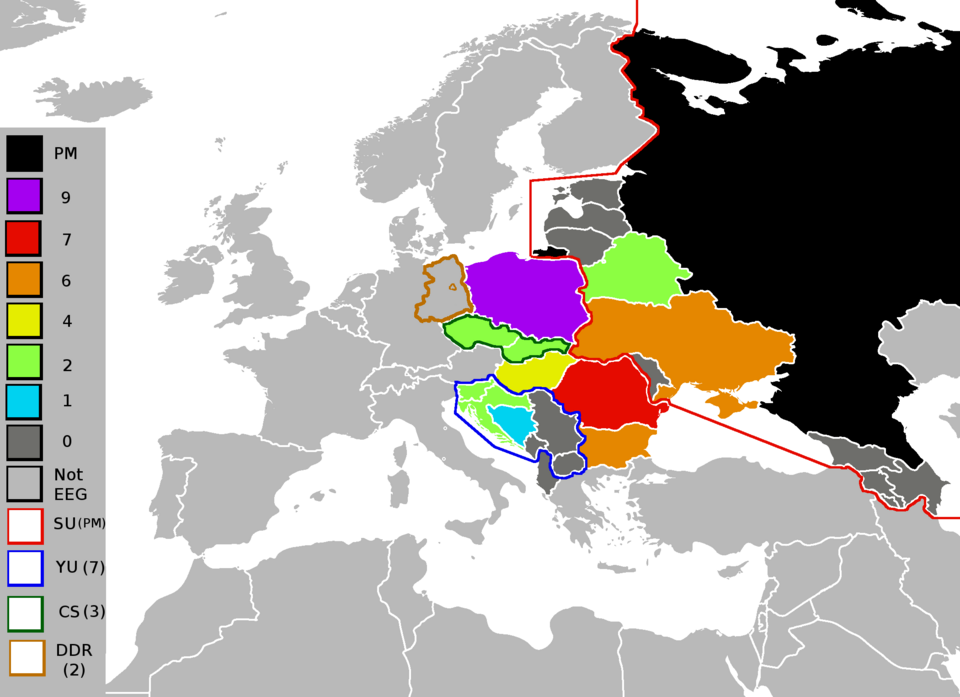 A map of the Eastern European Group, an unofficial group of the United Nations, with the number of years each member spent on the United Nations Security Council as of 2010. The Asian part of the Soviet Union / Russia is not shown.
