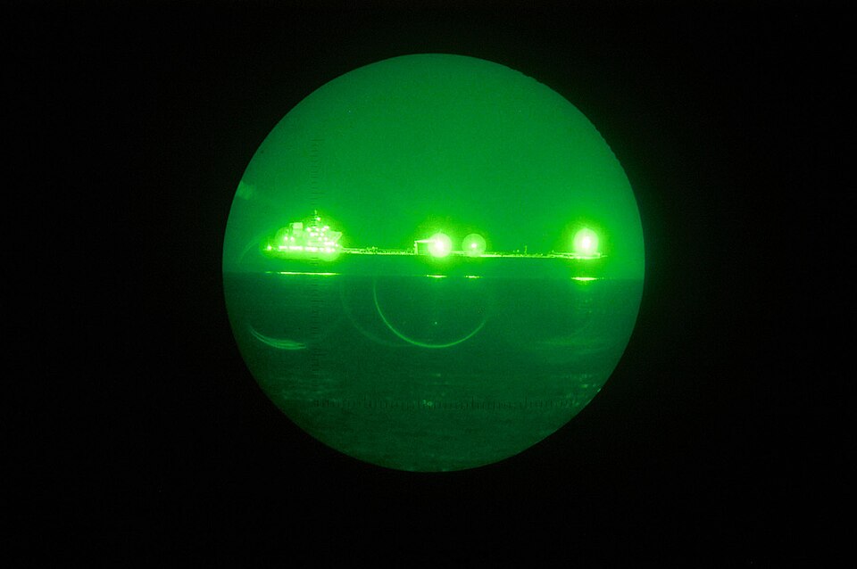 MOBILE, Ala. (Sept. 16, 2005) Night vision image of the motor tanker, Energy Spirit, taken from the Coast Guard's maritime security cutter, Northland, while in transiting just  outside the Louisiana Offshore Oil Port (LOOP) Sept. 16.  The Energy Spirit is more than 900 feet long and 150 feet wide.  