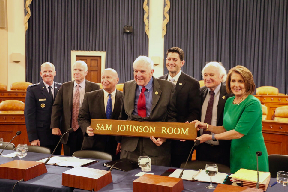 Pictured from left to right: Vice Chief of Staff of the U.S. Air Force General Stephen Wilson, Senator John McCain (R-AZ), Rep. Kevin Brady, Rep. Sam Johnson, Speaker Paul Ryan, Rep. Sander Levin (D-MI), and Democratic Leader Nancy Pelosi (D-CA)
Today, Ways and Means Committee Chairman Kevin Brady (